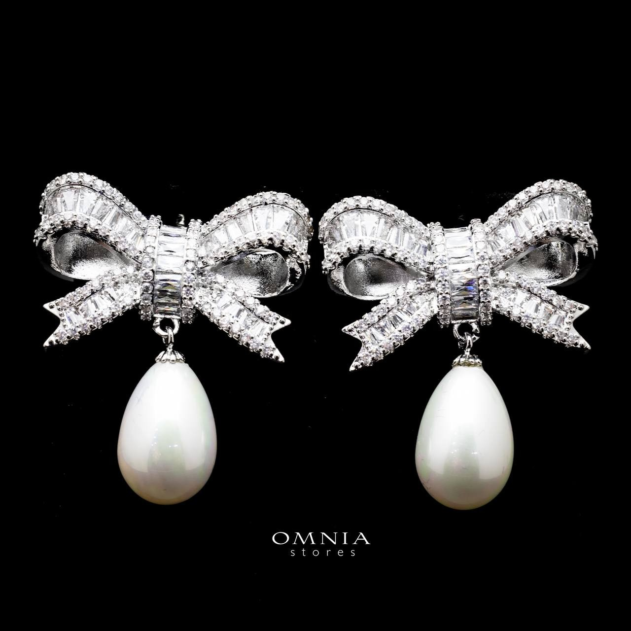 Omnia Imaan Ribbon Earrings in High Quality Zircon Stone Rhodium Plated image number null