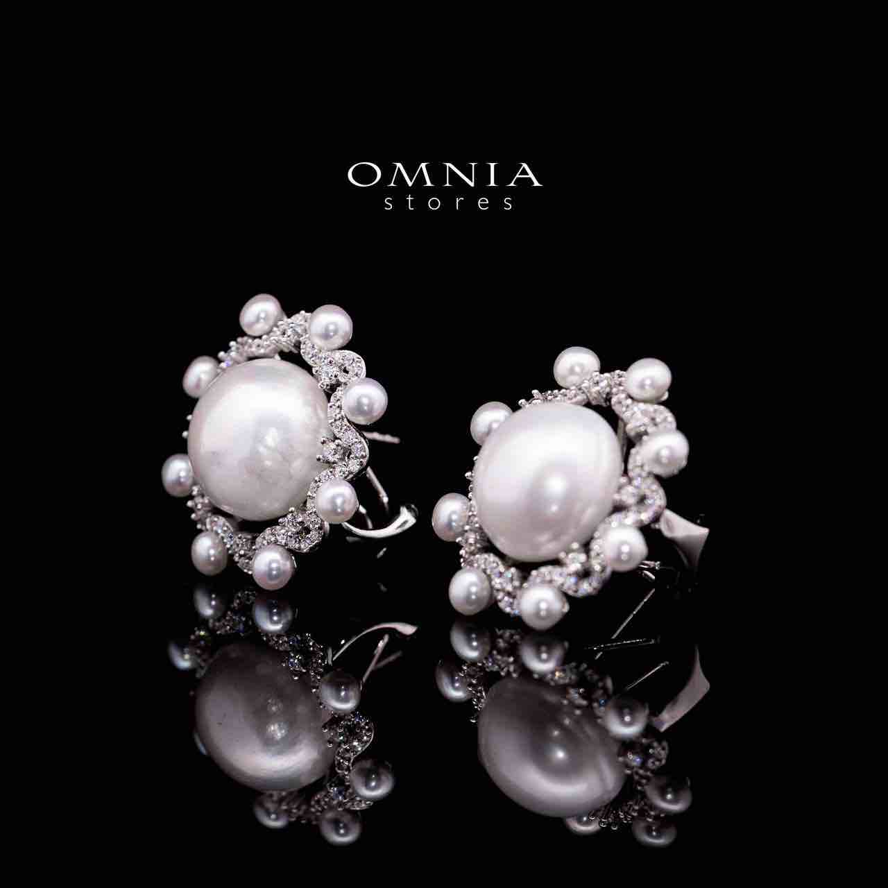 Omnia Aakifah White Fresh Water Pearl Silver Clip Earrings in 925 Silver In High Quality Simulated Diamonds image number null