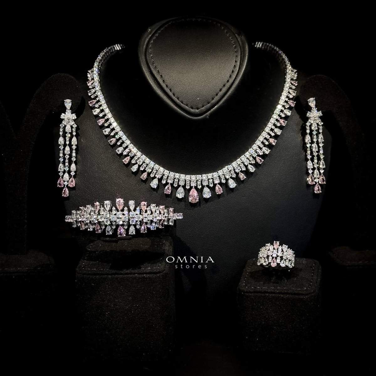 Omnia Nisrine Pink Bridal Full Set in High Quality Zircon Stone in Rhodium Plated image number null