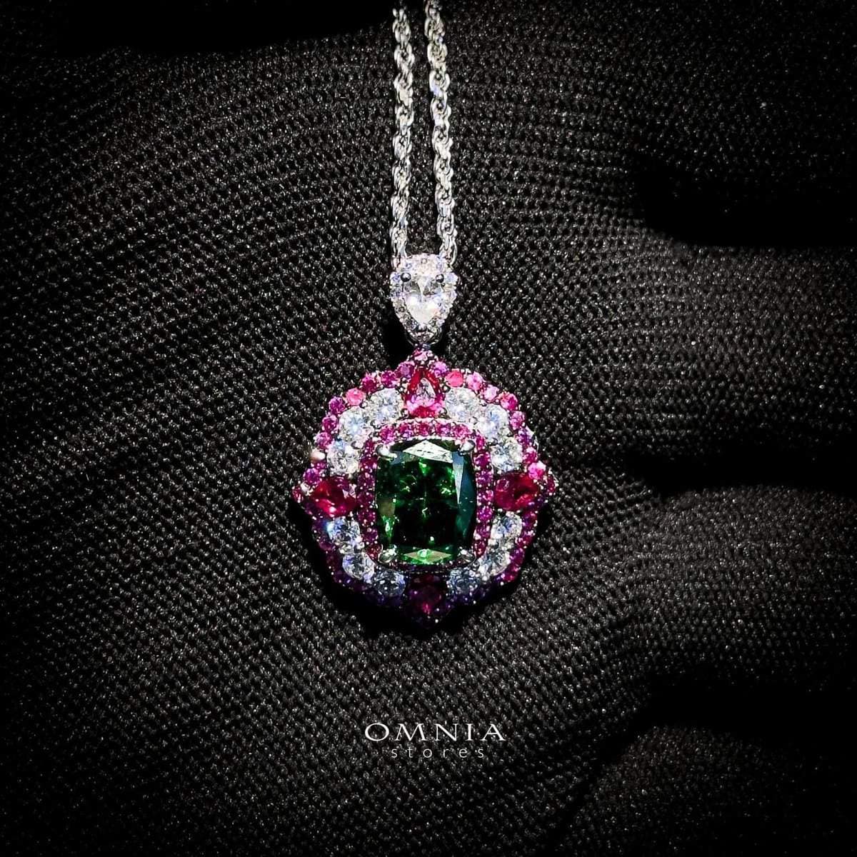 Omnia Maliya Green and Pink Necklace in 92.5 Silver with High Quality Simulated Diamonds image number null