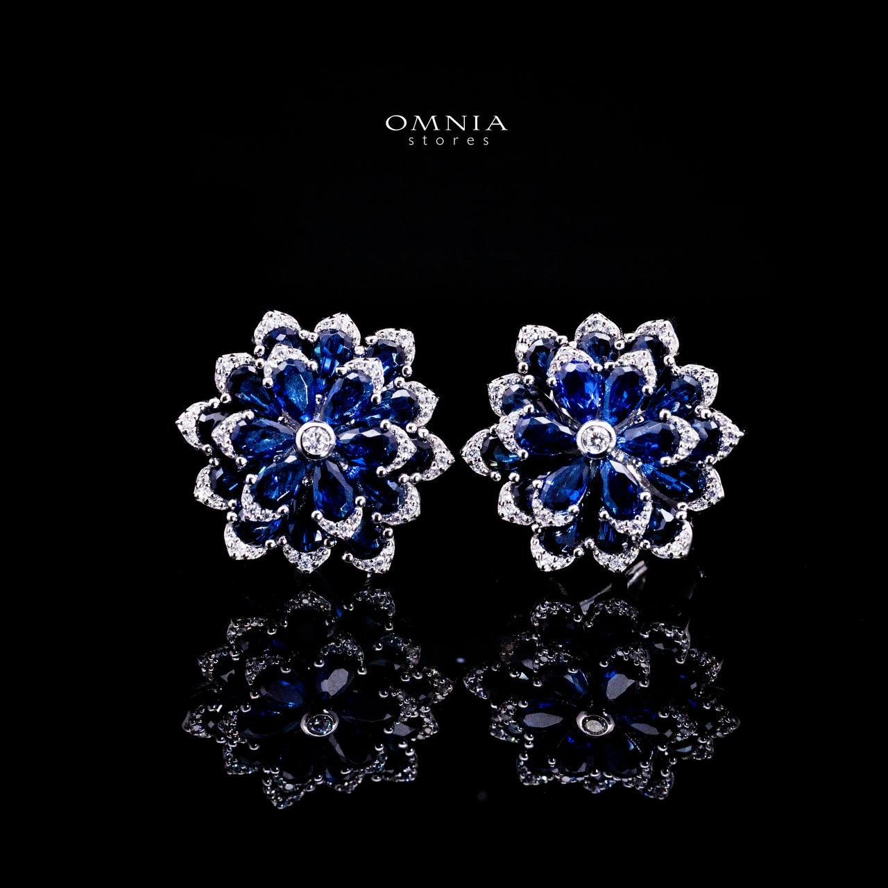 Omnia Damiyah Royal Blue Floral Silver Clip Earrings in 925 Silver with High Quality Simulated Diamonds image number null