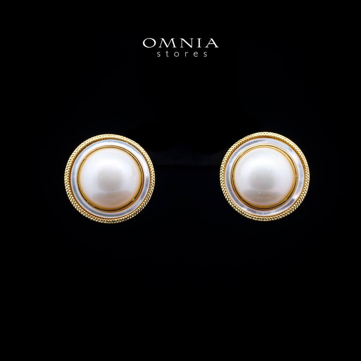 Omnia Leona White Mabel Pearl Classic Stud Earrings with Textured Beaded Frame in Brass with Gold Plated Finish image number null