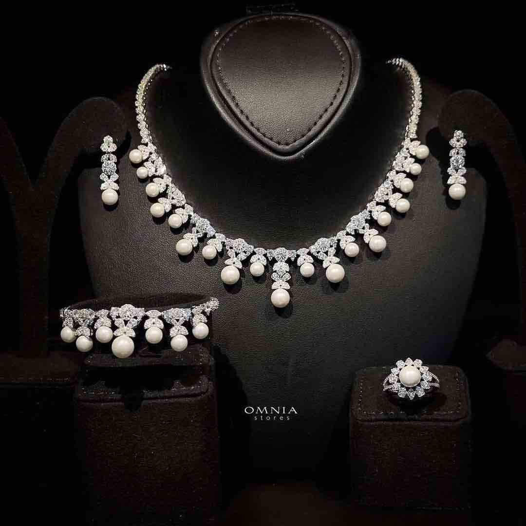Omnia Rahma Bridal Full Set in 92.5 Silver with High Quality Simulated Diamonds and Elegant Pearl Accents image number null