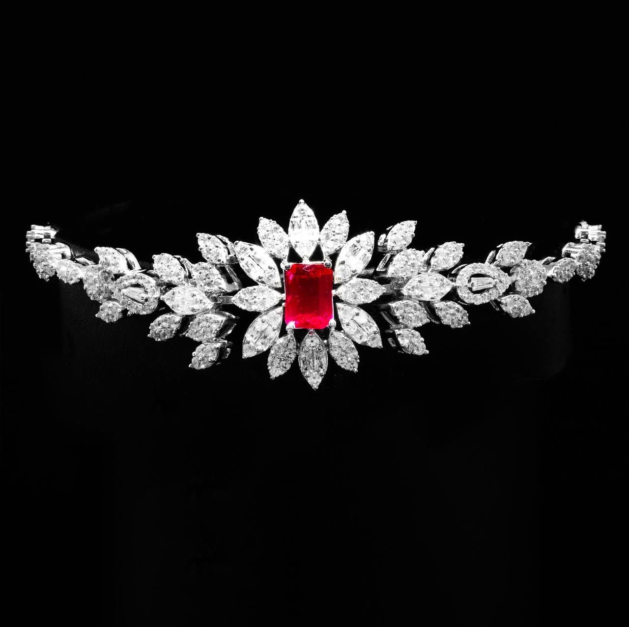 Omnia Duha Red Long Chain Full Set Accessories in High Quality Zircon Stone Rhodium Plated image number null