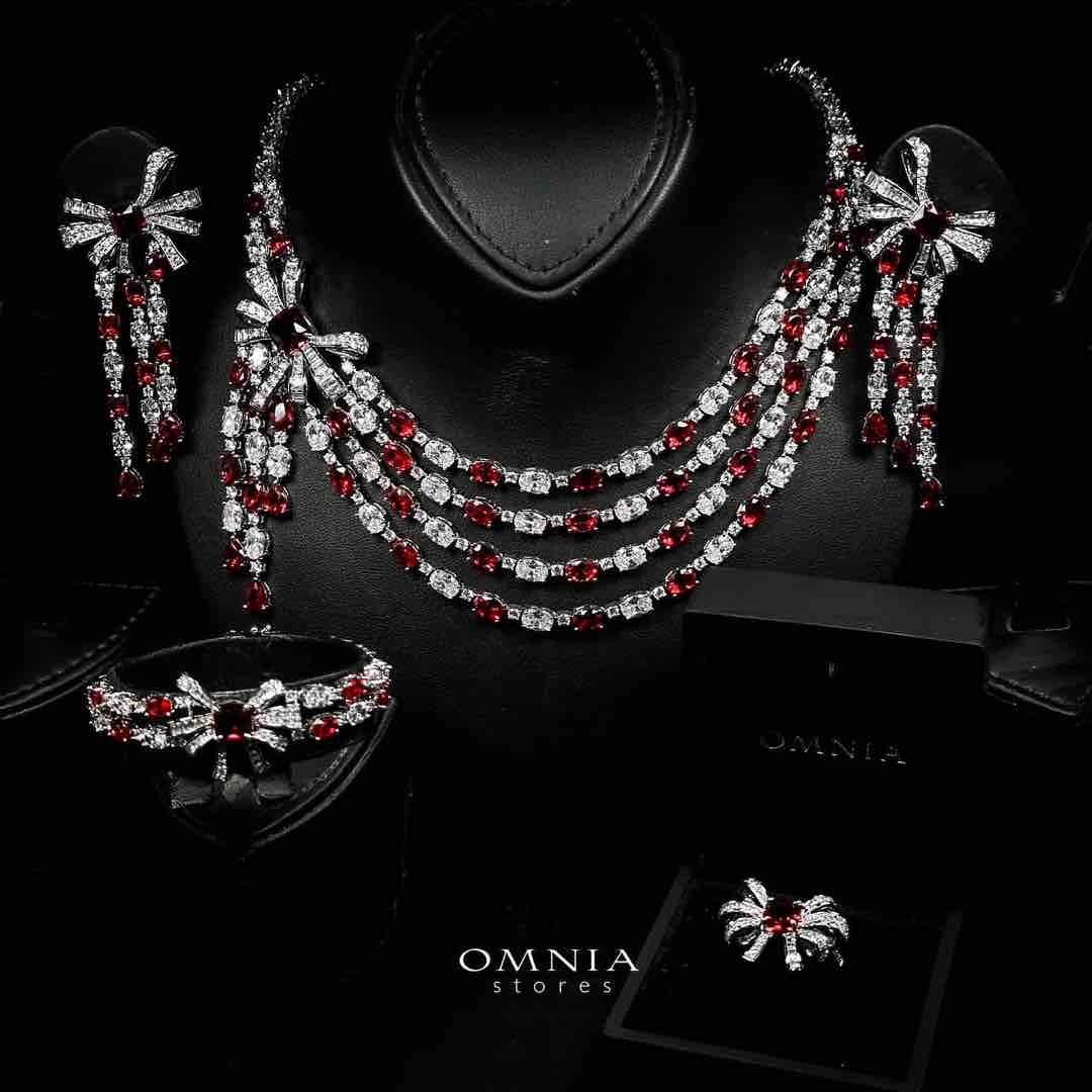 Omnia Mawada Red Bridal Full Set with Elegant Bow-Accent Design and High-Quality Zircon Stones in Rhodium Plated Finish image number null