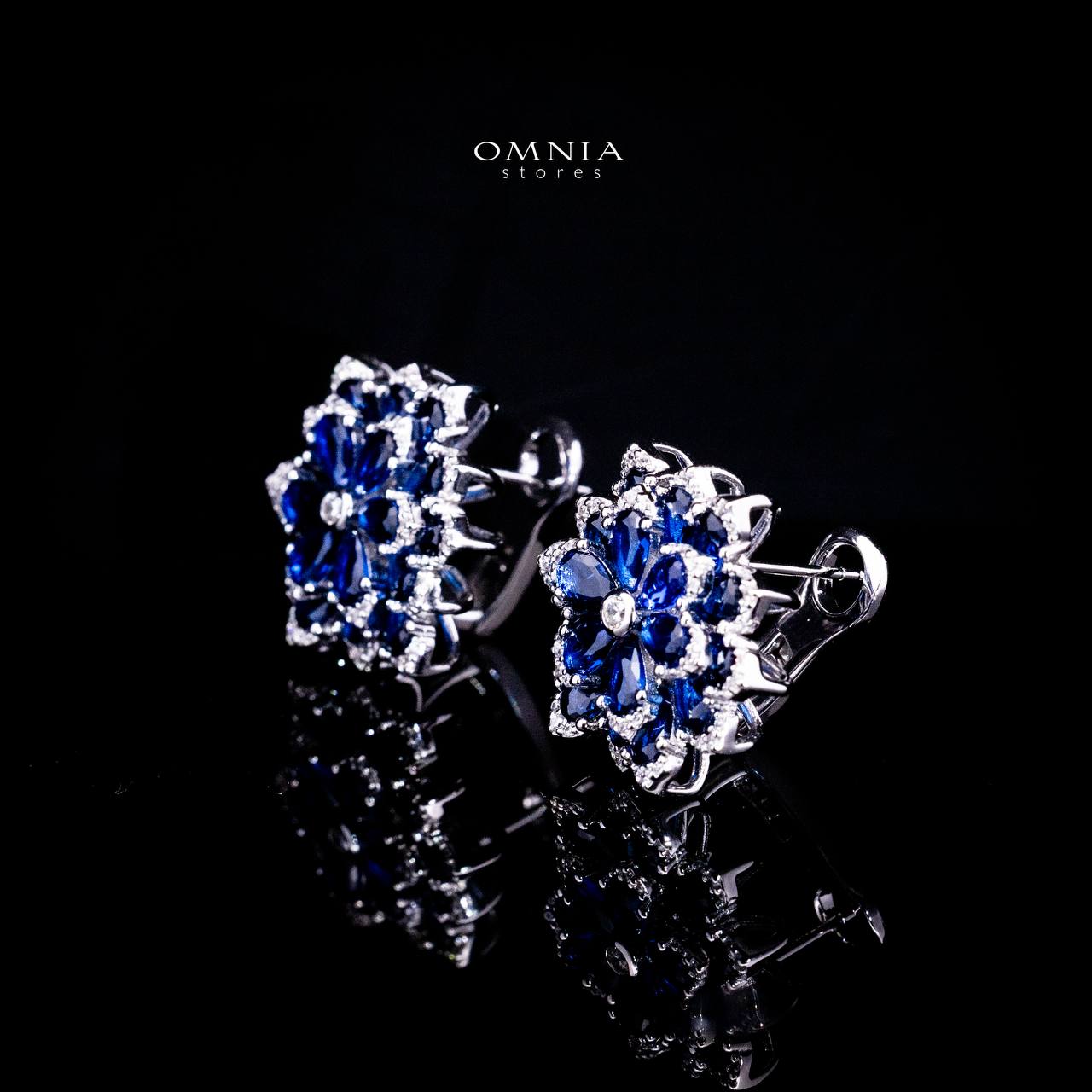 Omnia Damiyah Royal Blue Floral Silver Clip Earrings in 925 Silver with High Quality Simulated Diamonds image number null