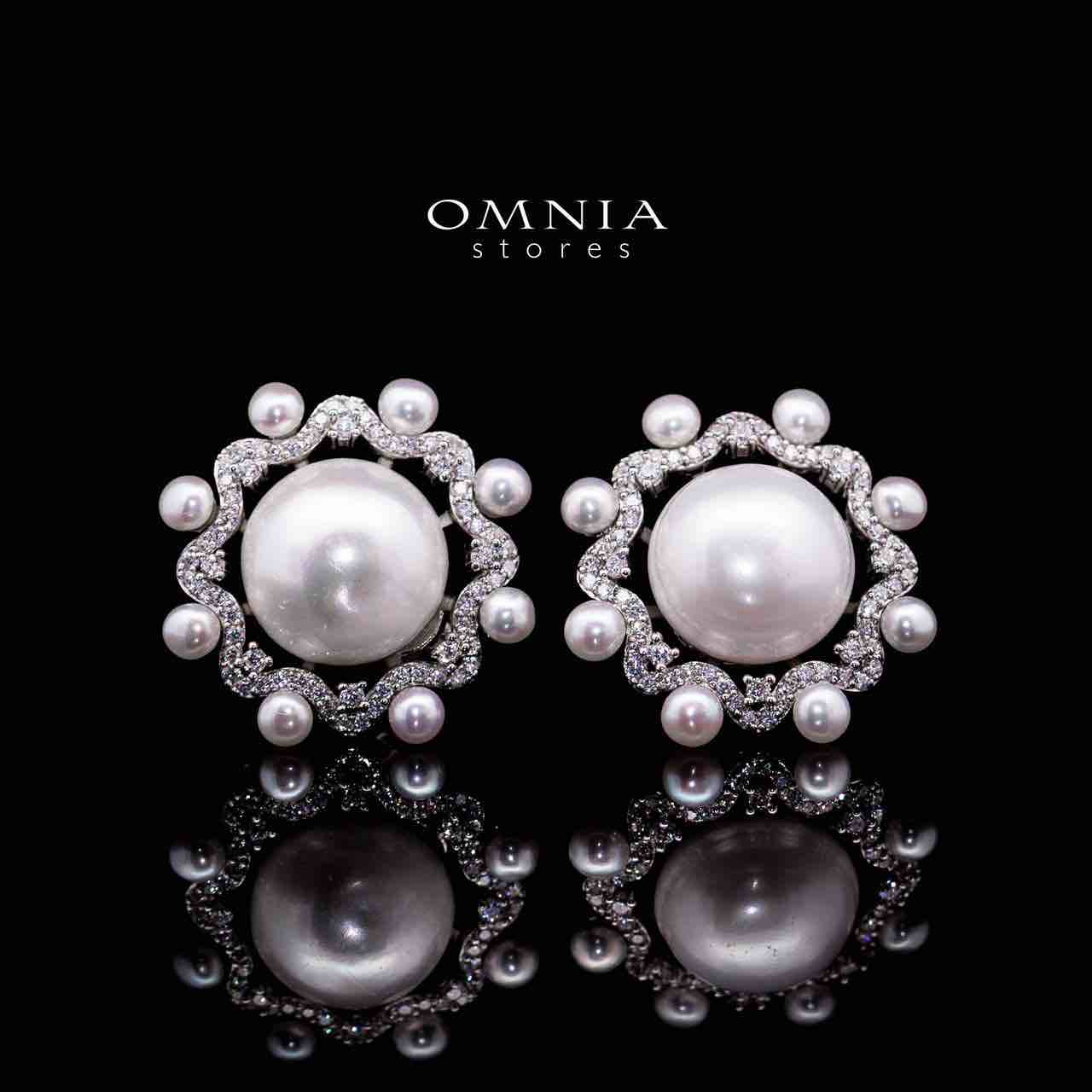 Omnia Aakifah White Fresh Water Pearl Silver Clip Earrings in 925 Silver In High Quality Simulated Diamonds image number null