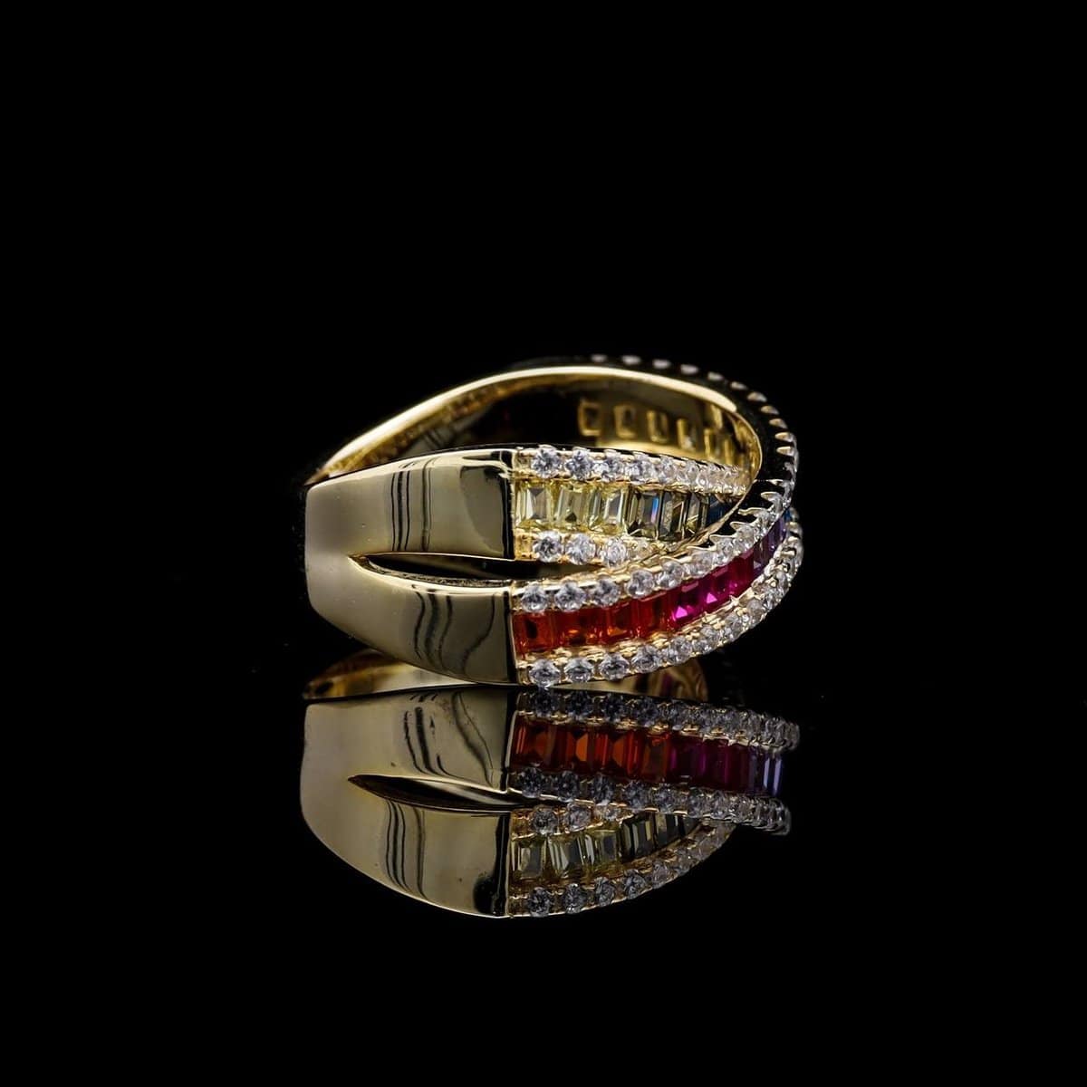 Omnia Dana Multi-Colored Criss-Cross Ring in Pure Gold with High-Quality Simulated Diamonds image number null