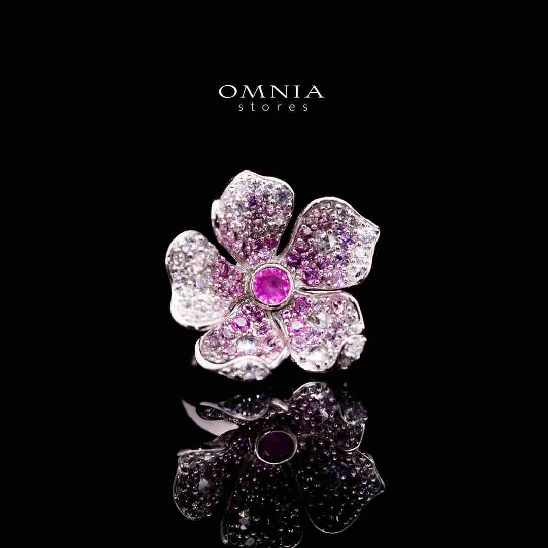 Omnia Yasmine Purple Flower Ring in 92.5 Silver with High Quality Simulated Diamonds image number null