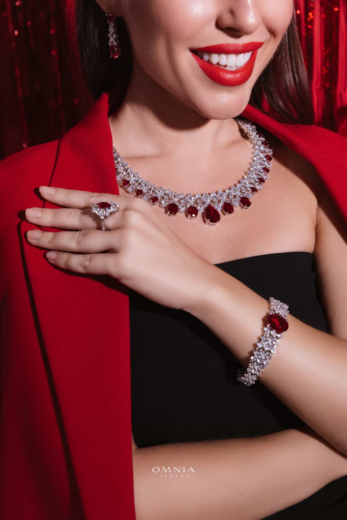 Omnia Suhana Red Bridal Full Set in High Quality Simulated Diamonds image number null