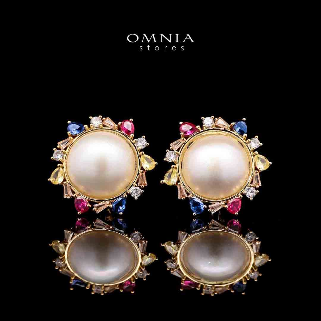 Omnia Serena White Mabel Pearl Halo Stud Earrings with Multi-Color Zircon Accents in Brass with Gold Plated Finish image number null