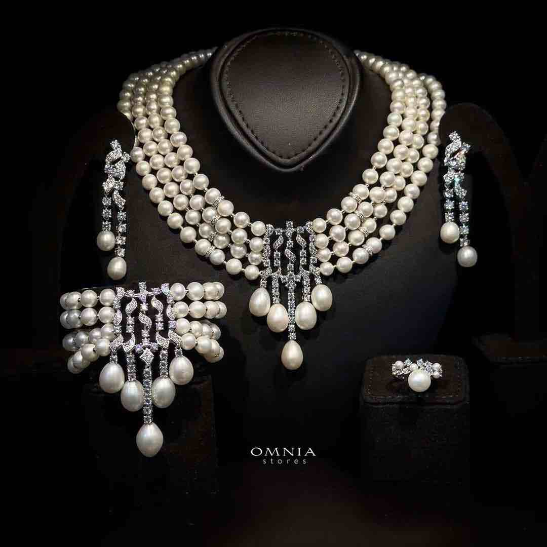 Omnia Behati Fresh Real Water Pearl Set In 92.5 Silver High Quality Simulated&nbsp;diamonds image number null