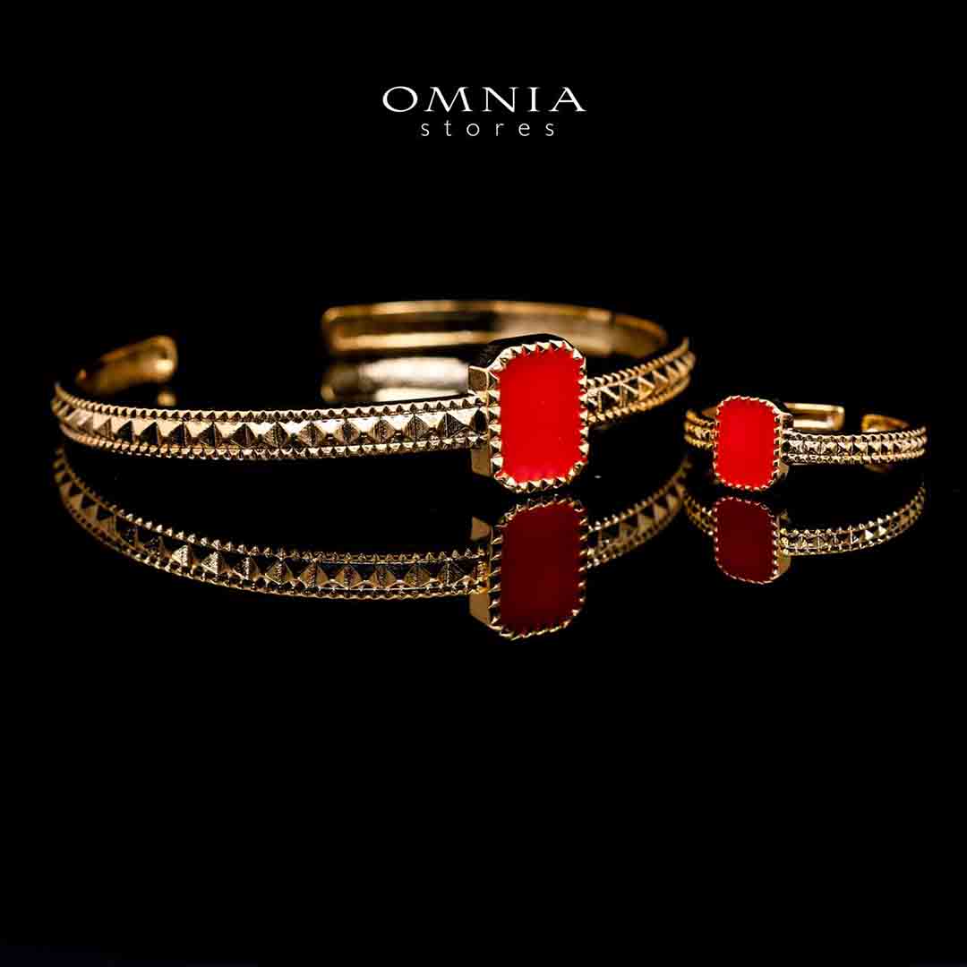 Omnia Golden Cuff With Bracelet and Ring with Red Square In Rhodium Plated image number null