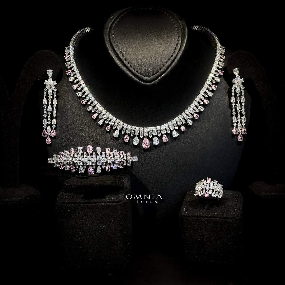 Omnia Nisrine Pink Bridal Full Set in High Quality Zircon Stone in Rhodium Plated image number null