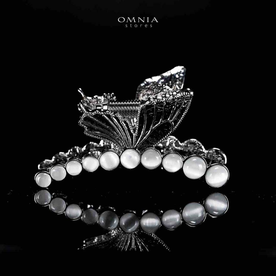 Omnia Ruwayda Pearl Butterfly Silver Hair Clip in High Quality Zircon Stone In Rhodium Plated image number null