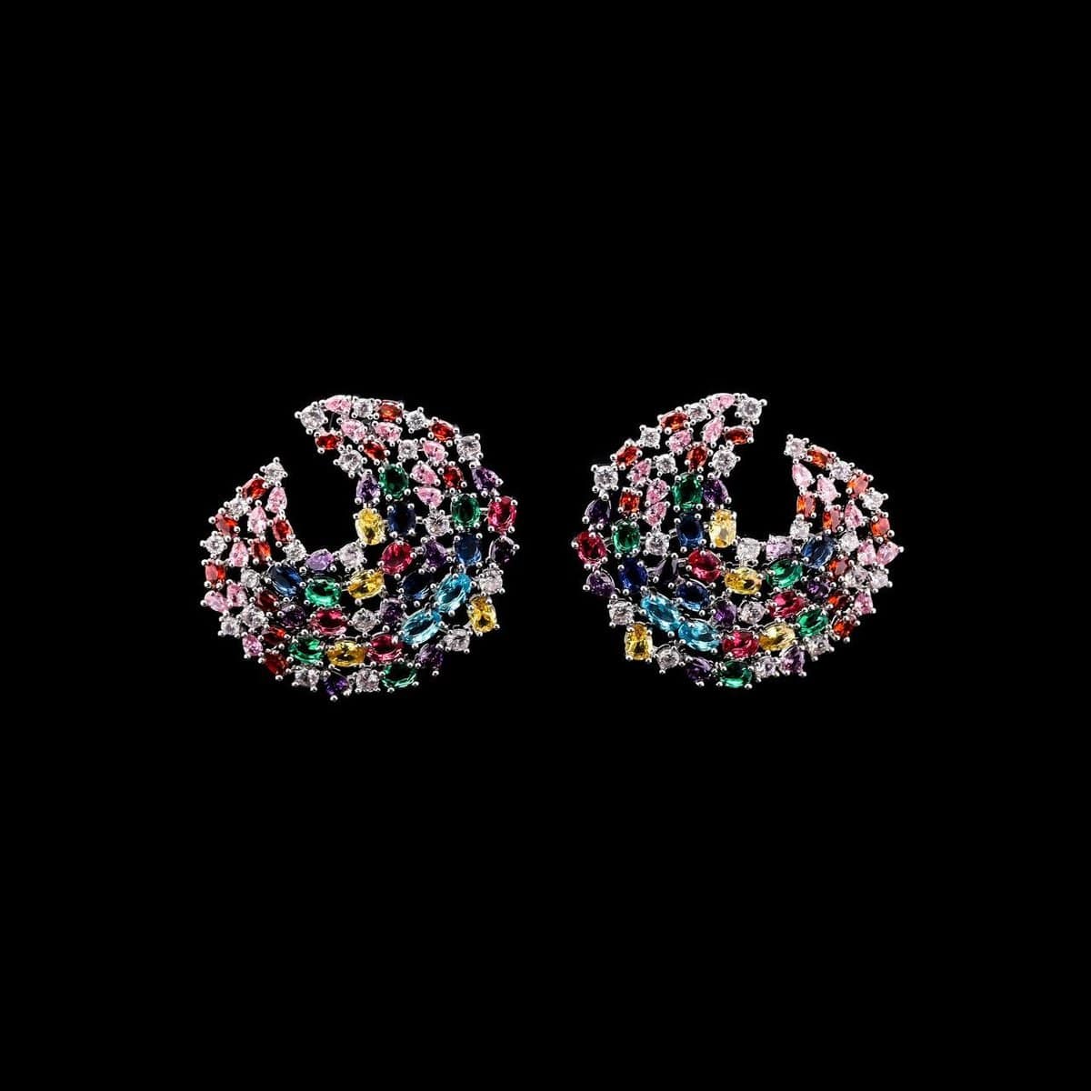 Omnia Mariam Multi-Colored Crescent Hoop Earrings with High-Quality Zircon Stones in Rhodium-Plated Finish image number null