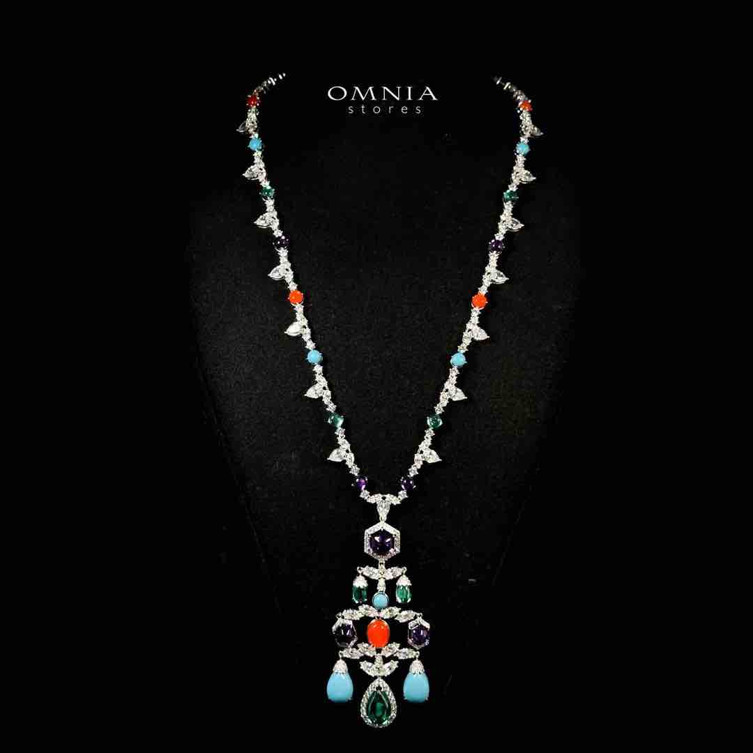 Omnia Raniya Chandelier Multi Color Silver Long Chain Necklace In 925 Silver High Quality Certified Lab Crafted Stones image number null