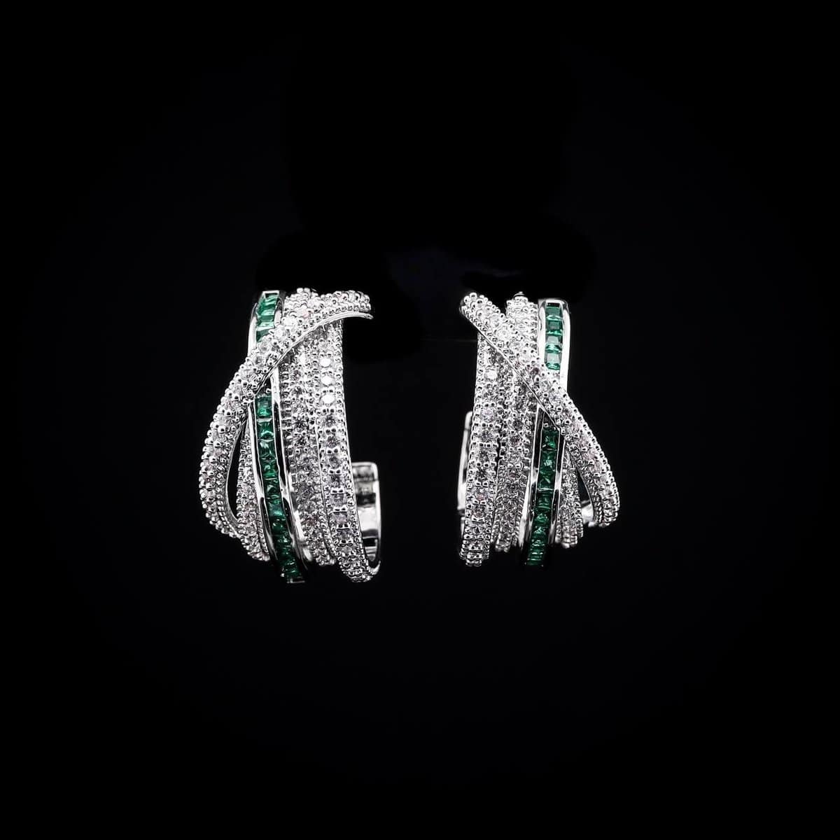 Omnia Emerald Radiance Double Tone Wrap Hoop Earrings in High Quality Rhodium Plated image number null