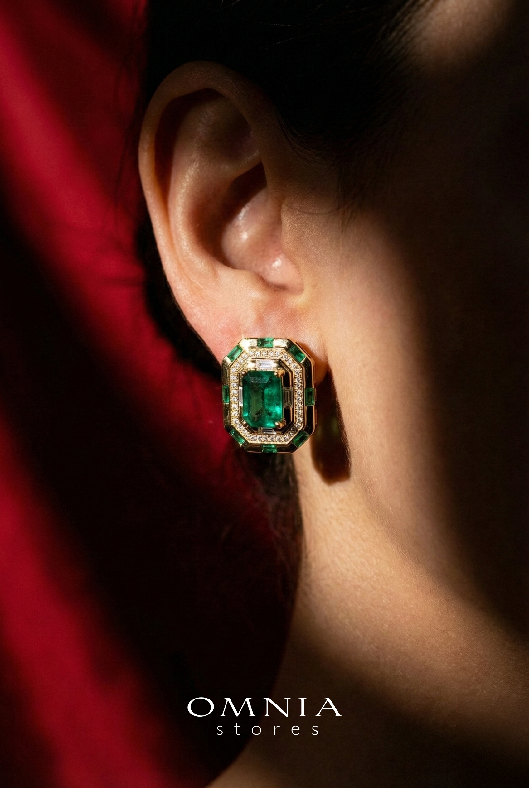 Omnia Zyra Emerald Green Golden Stud Earrings in 925 Silver with High Quality Simulated Diamonds image number null