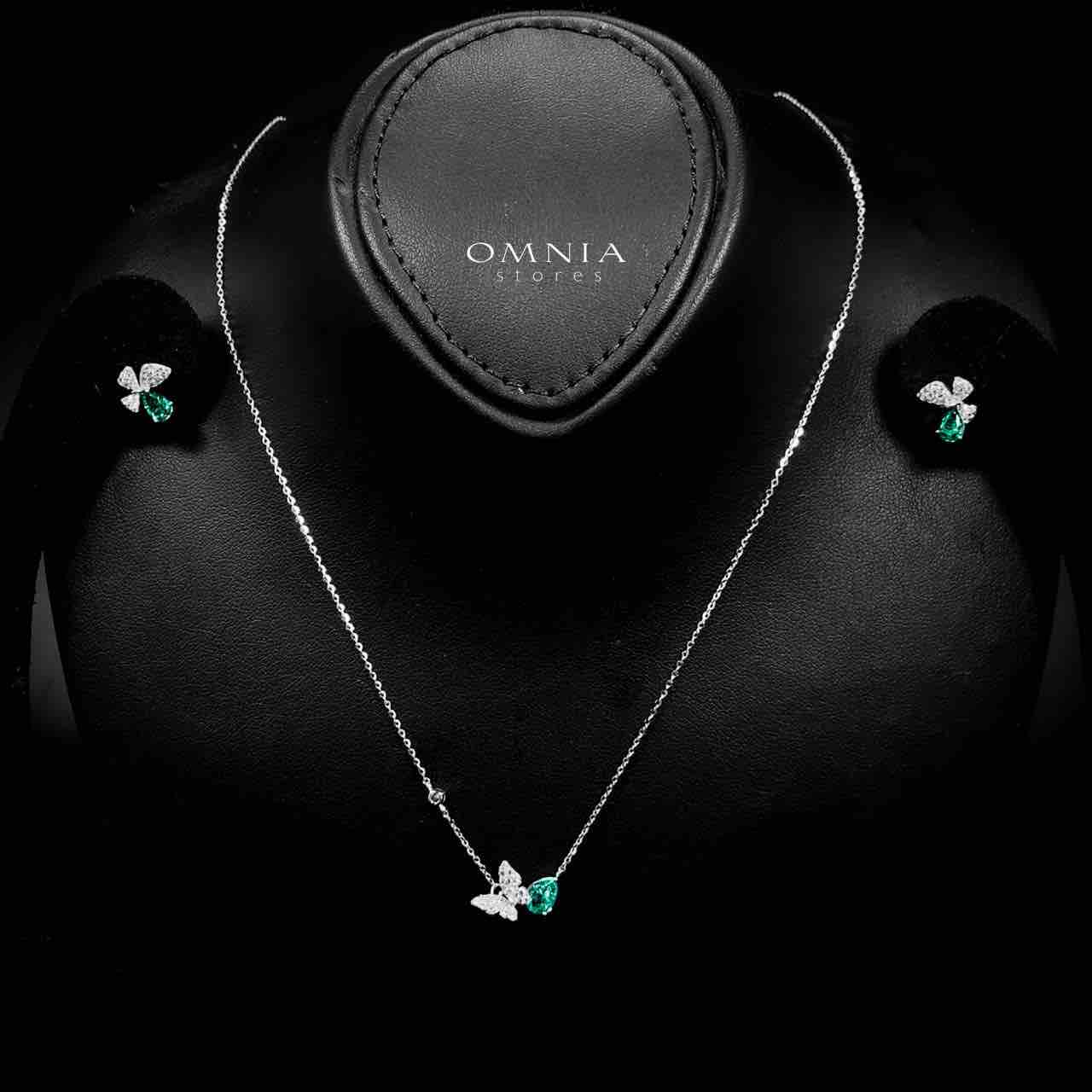 Omnia Nardeen Silver Butterfly Necklace and Earrings Set in 925 Silver with High-Quality Green Ice Cut Stones image number null