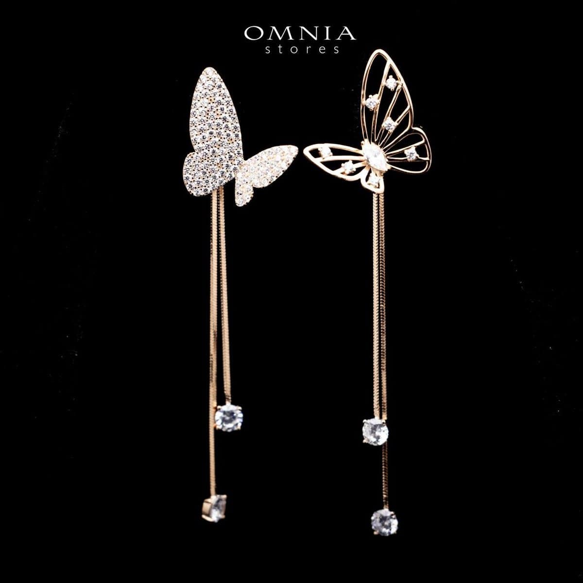 Omnia Basma Butterfly Rose Gold Long Drop Earrings in 92.5 Silver With High Zircon Stone image number null