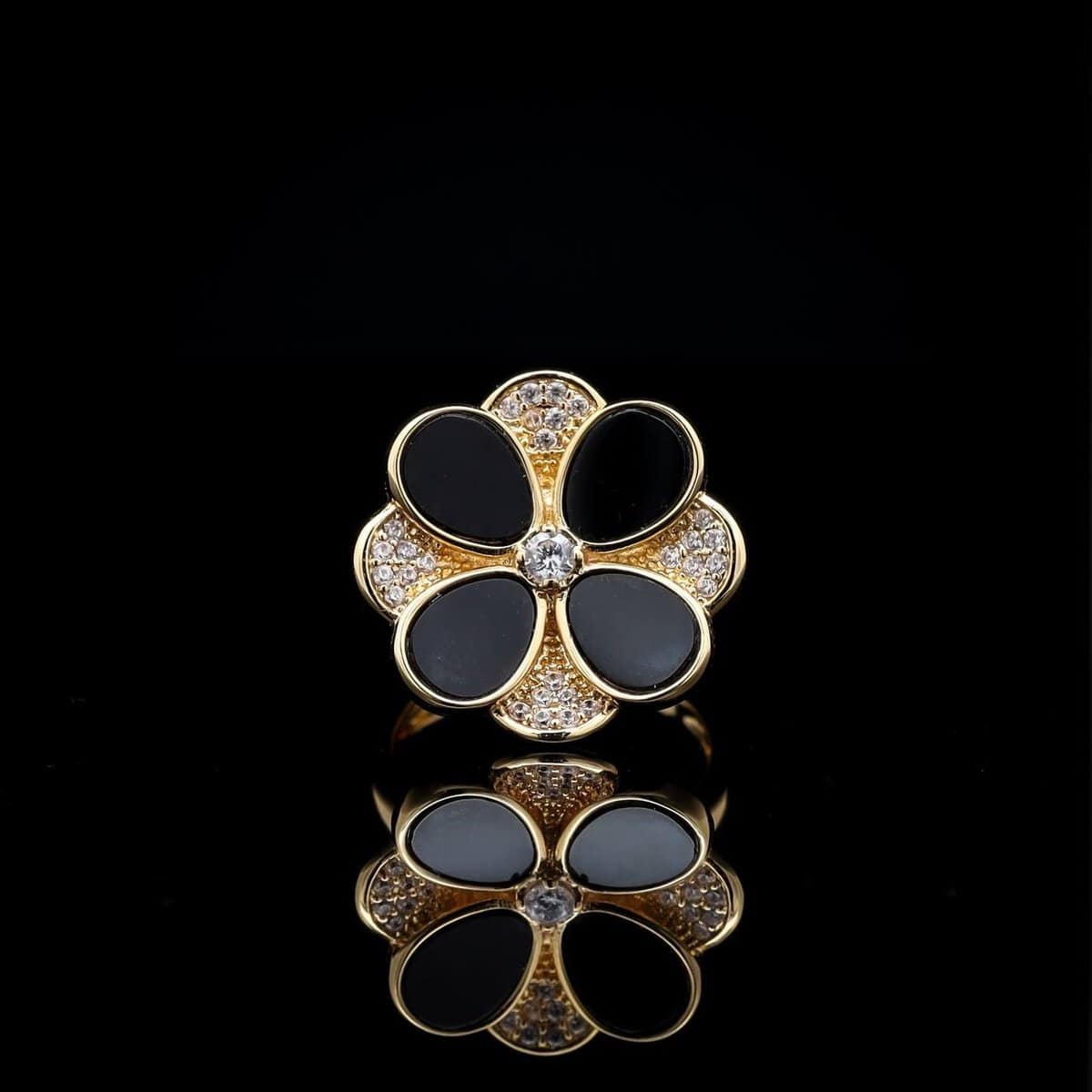 Omnia Hina Ring in Black Agate Stone in High Quality Zircon Stone in Rhodium Plated image number null