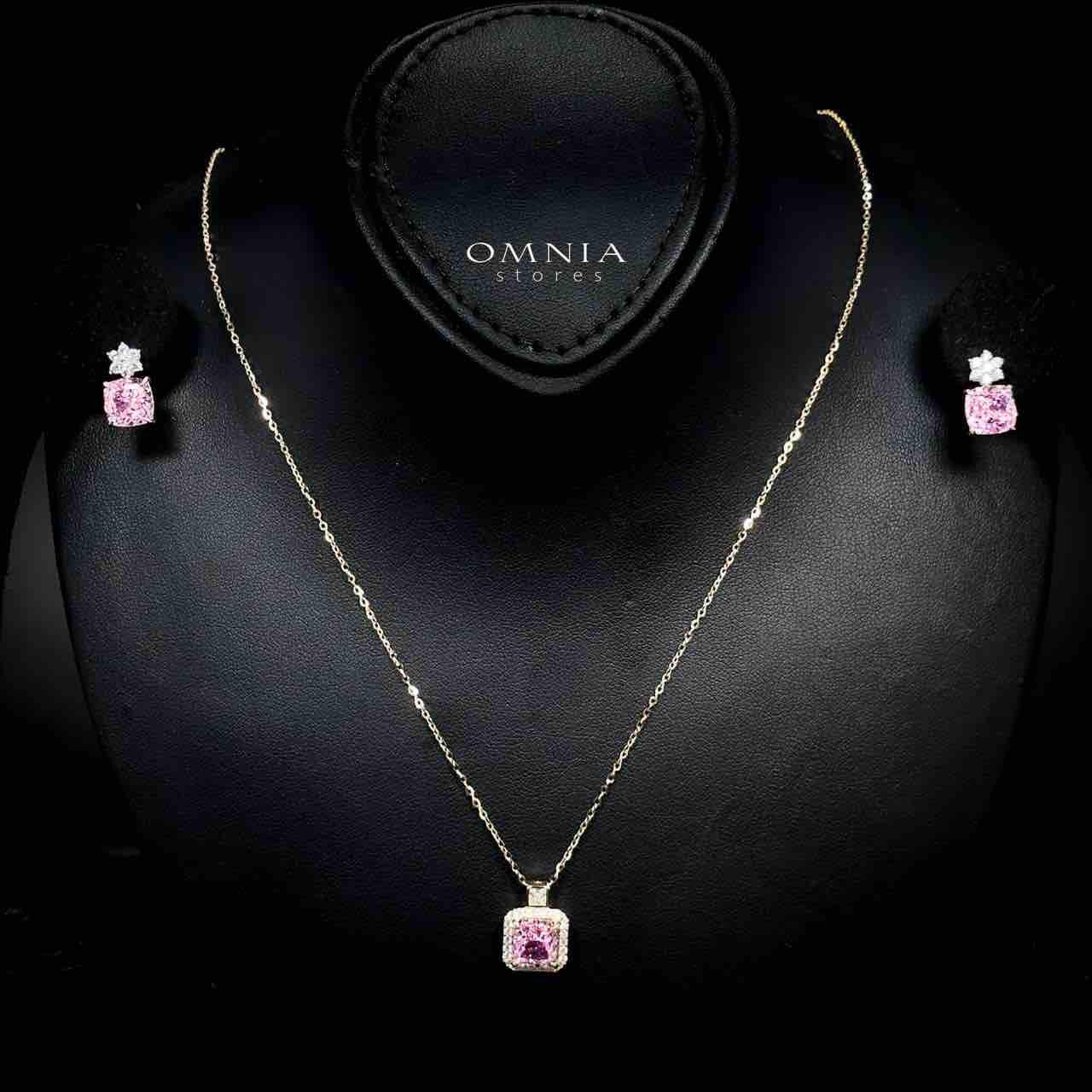 Omnia Shayla Golden Necklace and Earrings Set in 925 Silver with High-Quality Pink Ice Cut Stones image number null