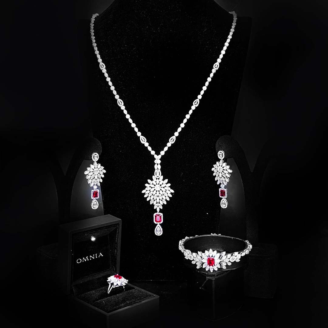 Omnia Duha Red Long Chain Full Set Accessories in High Quality Zircon Stone Rhodium Plated image number null