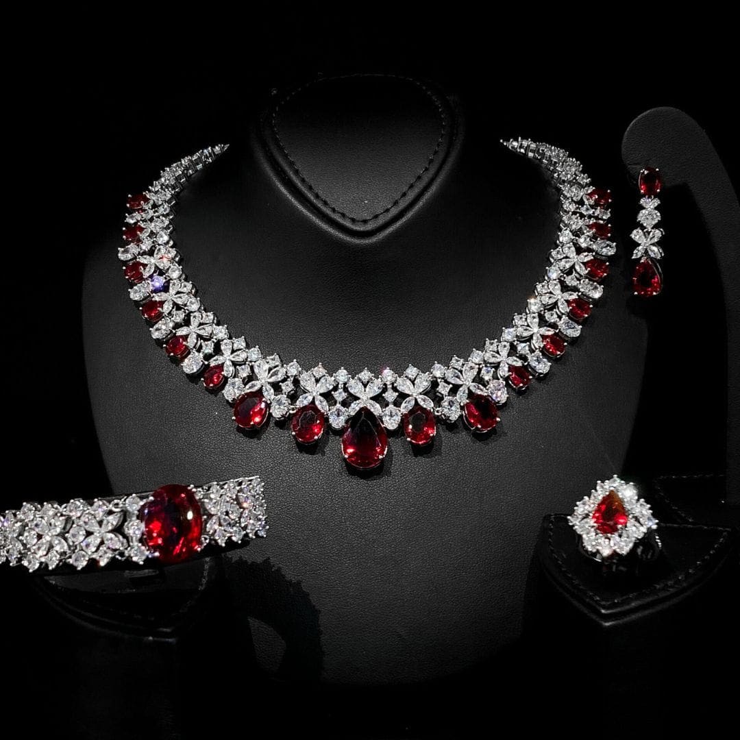 Omnia Suhana Red Bridal Full Set in High Quality Simulated Diamonds image number null