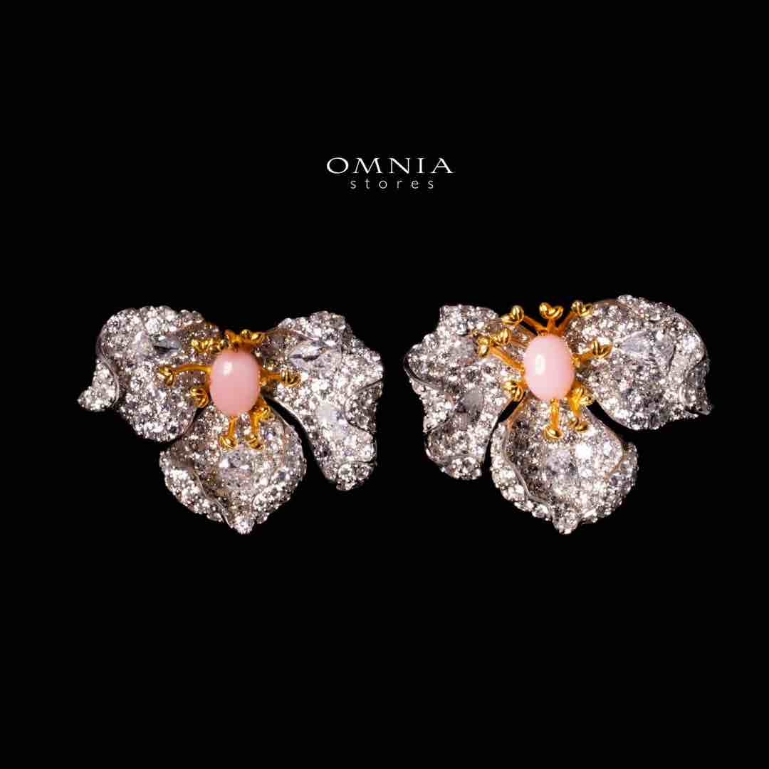 Omnia Fiora Pink Coral Flower Silver Clip Earrings in 925 Silver High Quality White Simulated Diamond Stones image number null
