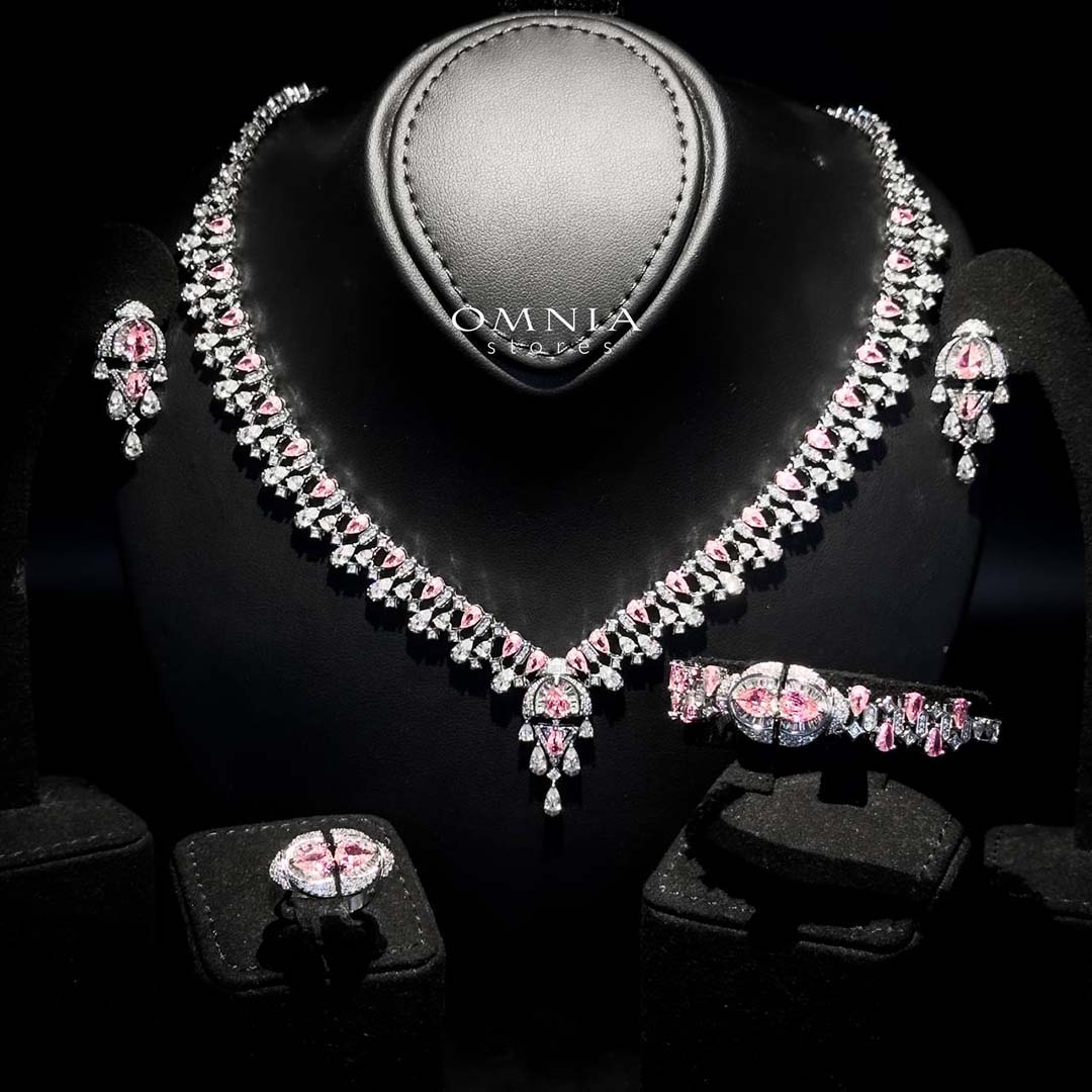 Omnia Rafi Pink Bridal Full Set with Elegant Pink and White Simulated Diamonds in High-Quality Rhodium Plated Finish (only available in KSA) image number null