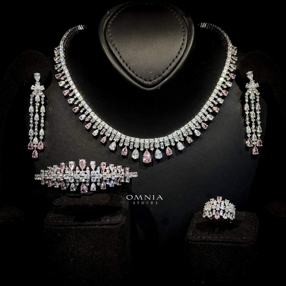 Omnia Nisrine Pink Bridal Full Set in High Quality Zircon Stone in Rhodium Plated image number null
