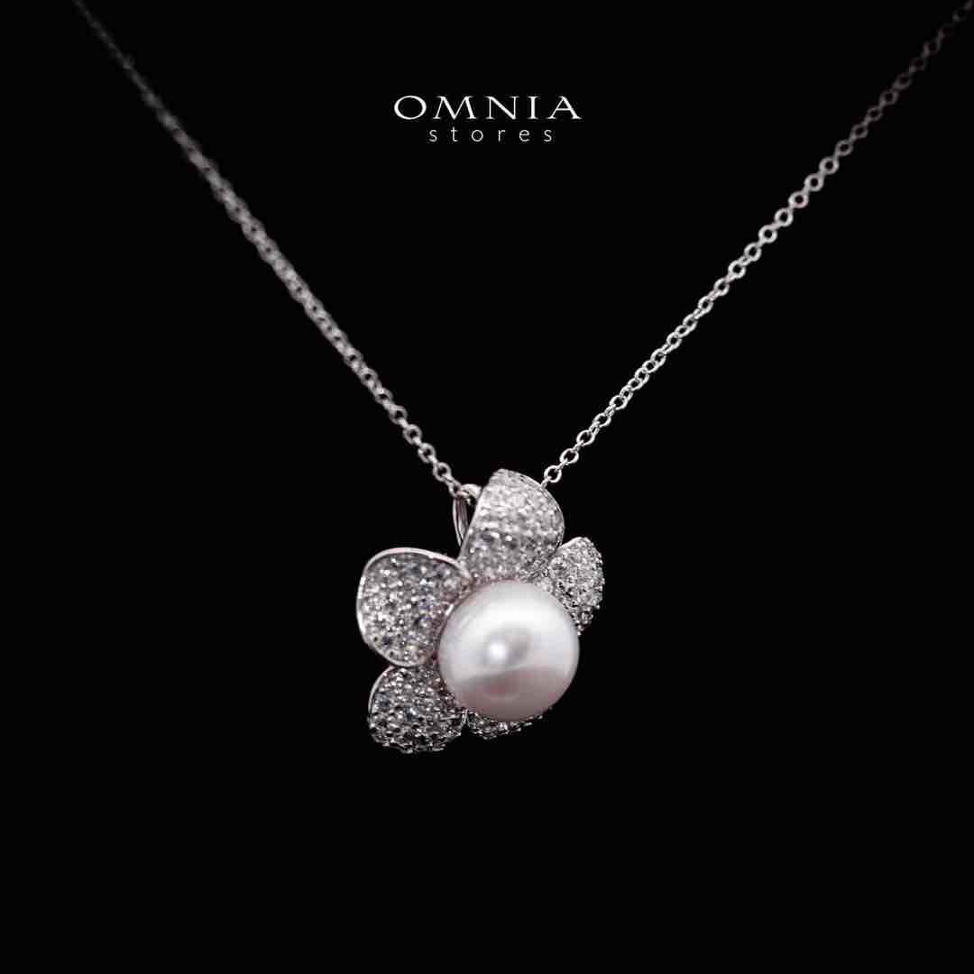 Omnia Najaah Floral Fresh Water Pearl Pendant Necklace in 925 Silver In High Quality Simulated Diamonds image number null