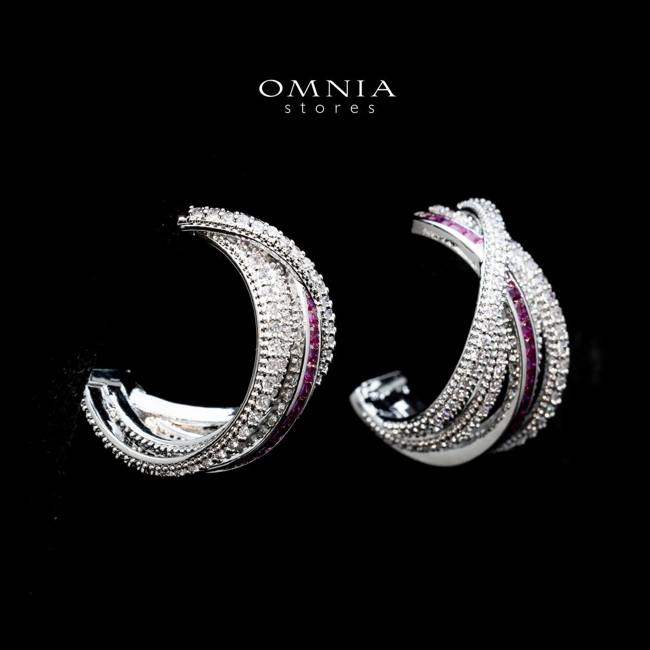 Omnia Tiffany Double Tone Wrap Hoop Earrings with Maroon Zircon in High Quality Rhodium Plated image number null