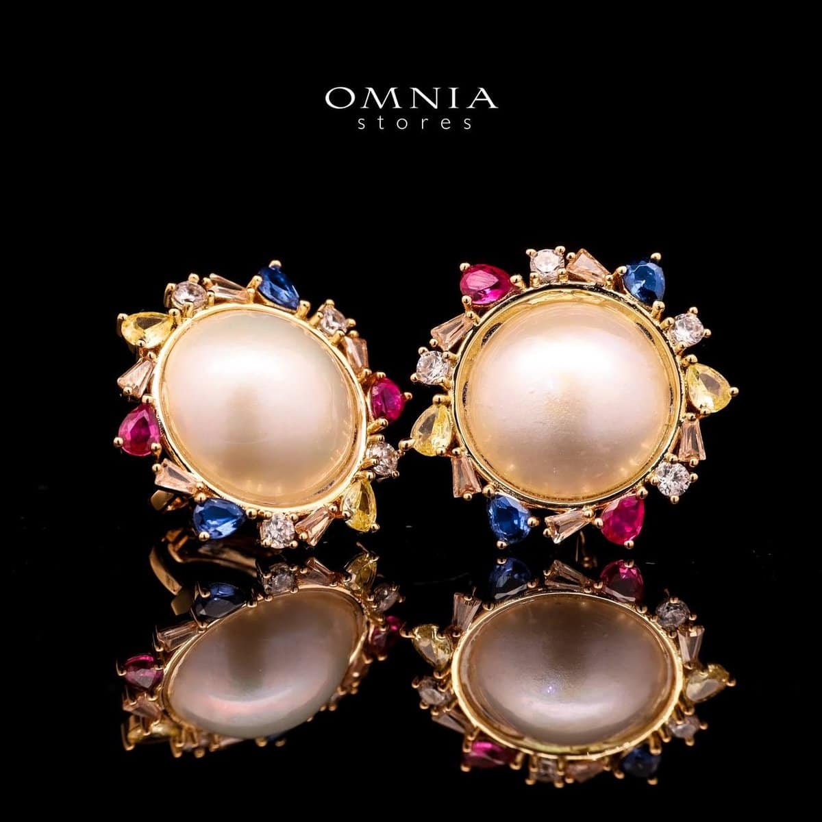 Omnia Serena White Mabel Pearl Halo Stud Earrings with Multi-Color Zircon Accents in Brass with Gold Plated Finish image number null