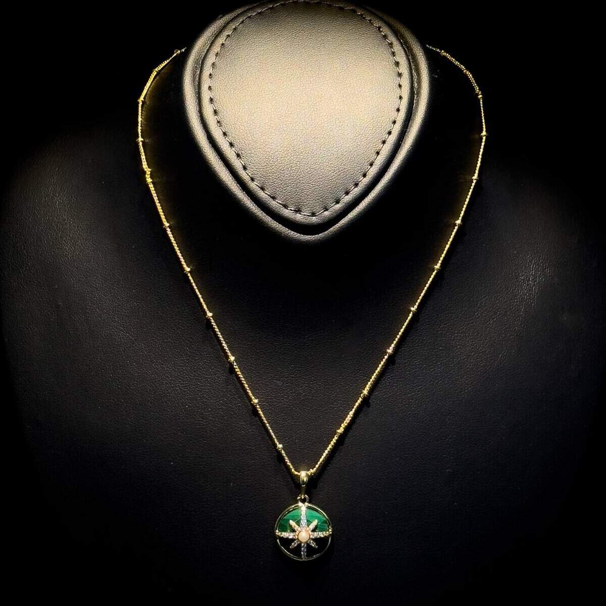 Omnia Afiya Necklace in Malachite Stone in High Quality Zircon Stone in Rhodium Plated image number null