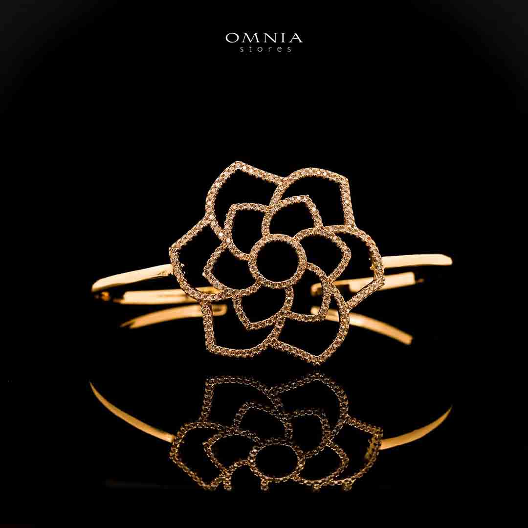 Omnia Qamarina Golden Flower Design Bangle With Rhodium Plated In High Quality Zircon Stone image number null