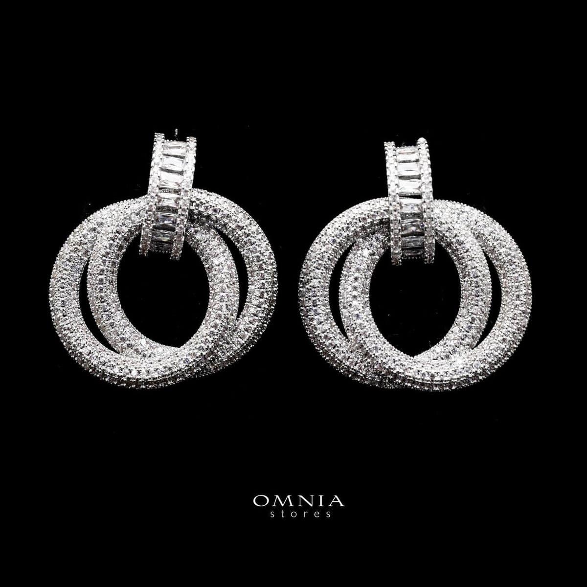 Omnia Ivana Double Hoop White Earrings in High Quality Zircon Stone Rhodium Plated image number null
