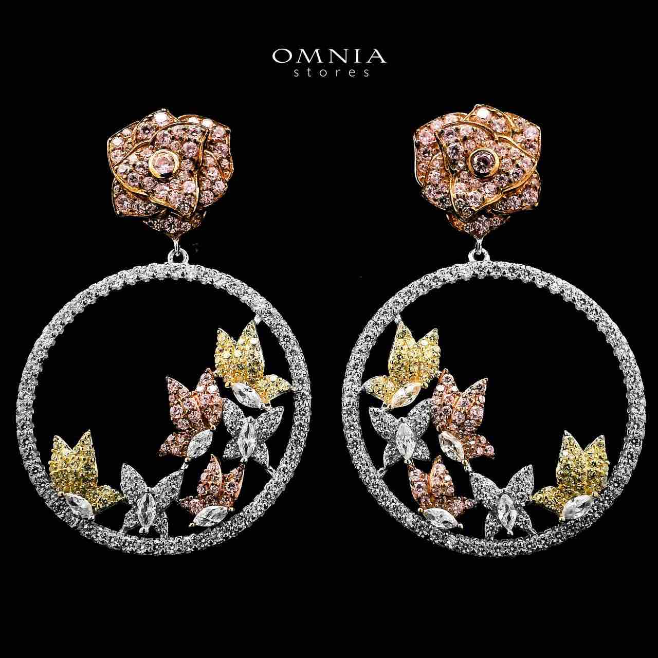 Omnia Iris Flower Design Round Multi Color Earrings in 925 Silver with High-Quality Simulated Diamonds image number null