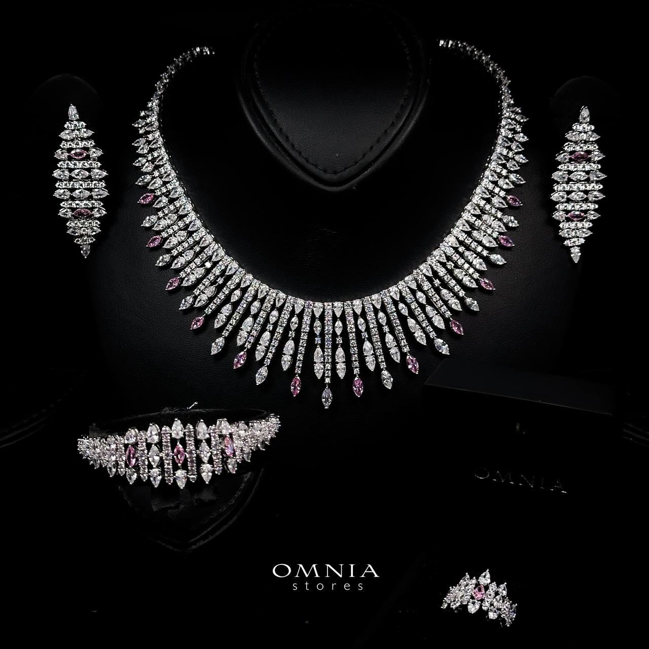 Omnia Lana Pink Bridal Full Set in High Quality Zircon Stone Rhodium Plated image number null