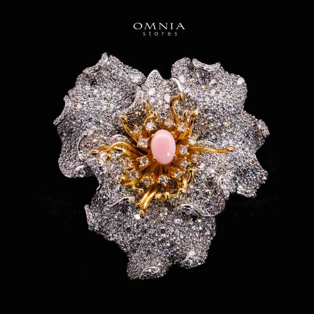 Omnia Fiora Pink Coral Flower Silver Brooch in 925 Silver High Quality White Simulated Diamond Stones image number null
