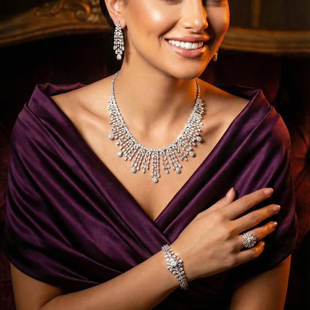 Omnia Adila White Luxury Bridal Full Set in High Quality Zircon Stone in Rhodium Plated image number null