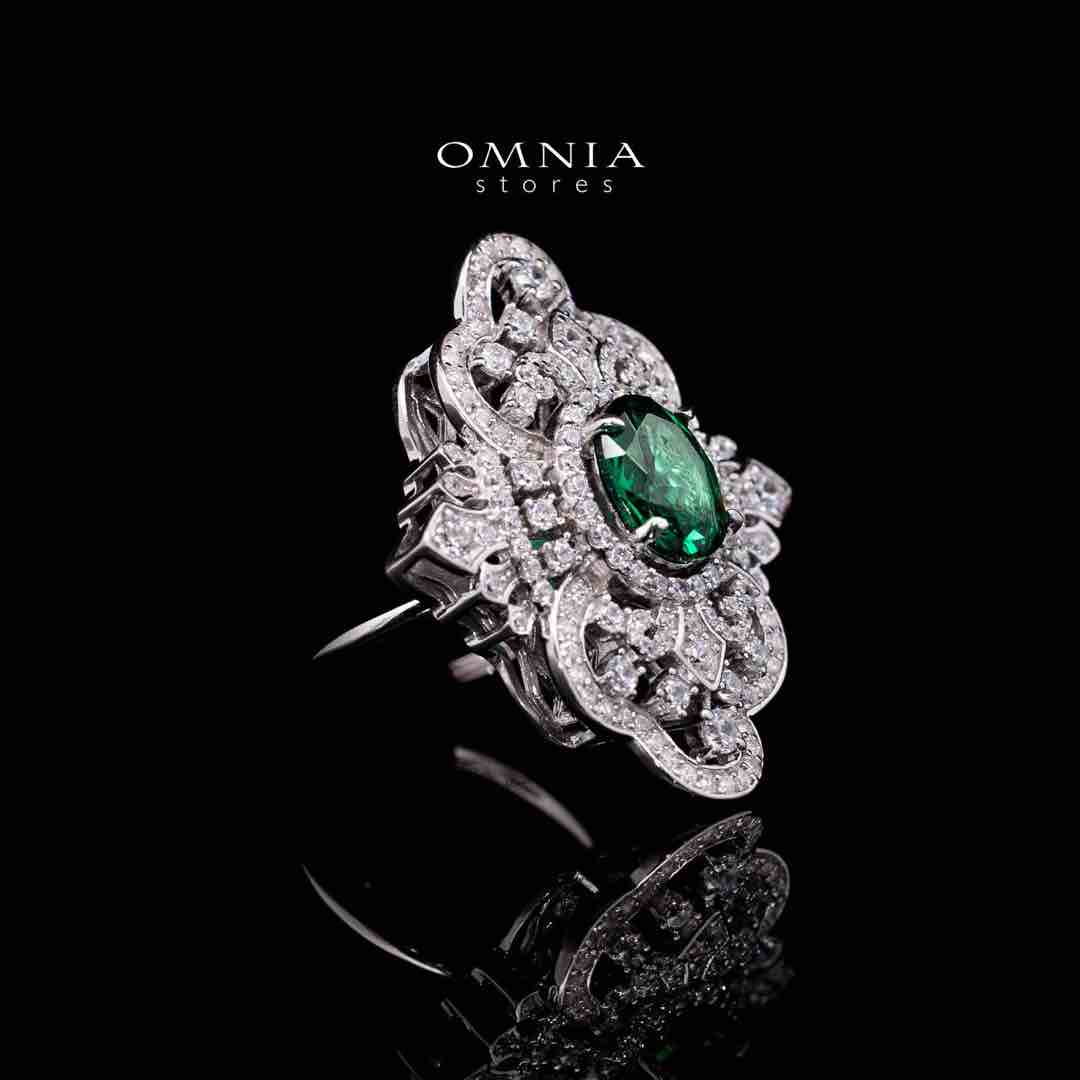 Omnia Bayan Green Silver Ring in 925 Silver with High Quality White Simulated Diamonds image number null