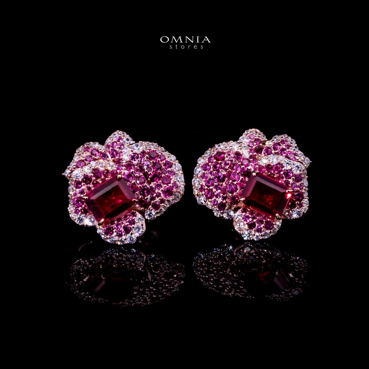 Omnia Masa Floral Earrings with Pink Emerald-Cut Stones in 92.5 Silver with High-Quality Simulated Diamonds image number null
