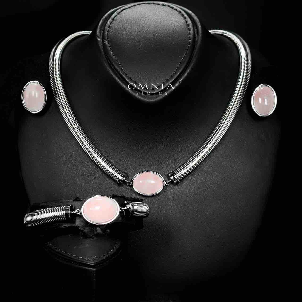 Omnia Naqiyah Silver Color Necklace,Bracelet and Earrings Set in High-Quality 8mm Stainless Steel with Pink Stone image number null