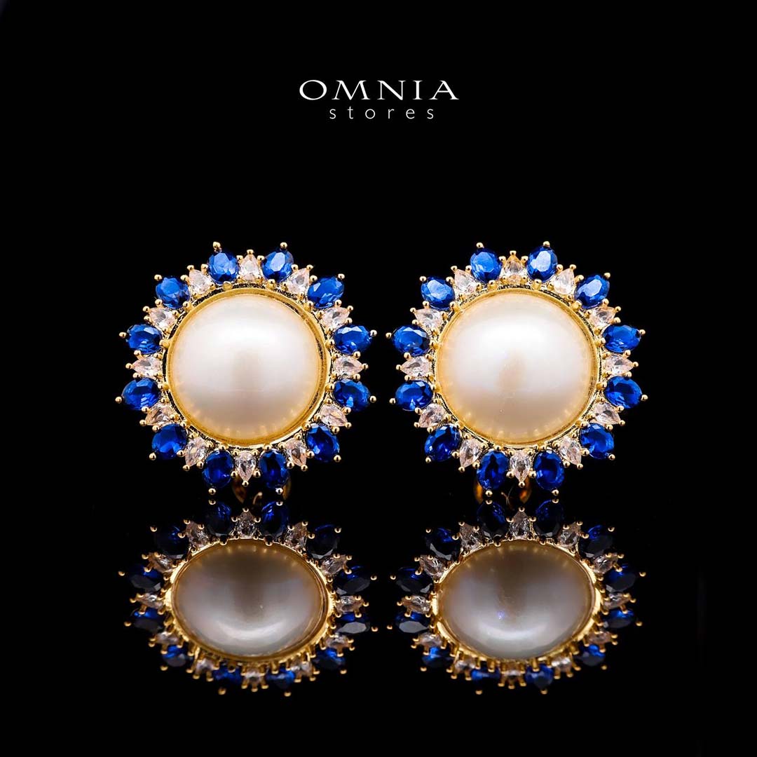 Omnia Celeste White Mabel Pearl Halo Stud Earrings with Blue Sapphire Accents in Brass with Gold Plated Finish image number null