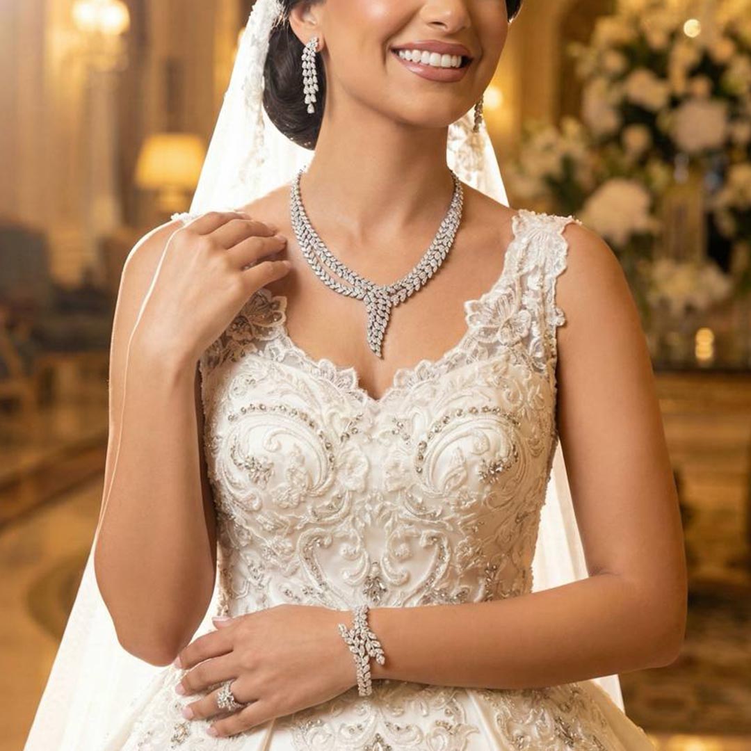 Omnia Yasira Leaf-Design White Luxury Bridal Full Set in High Quality Zircon Stone Rhodium Plated image number null