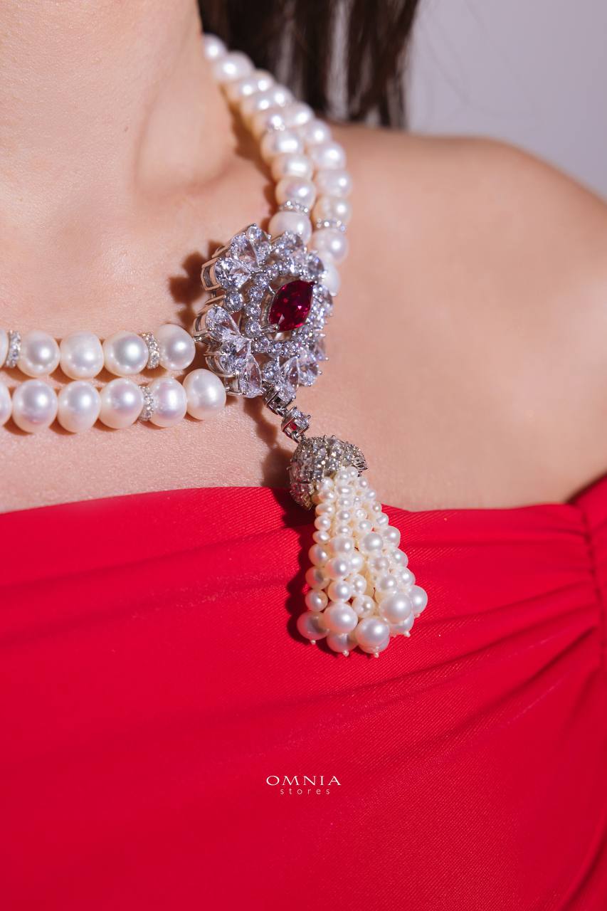 Omnia Dahlia Bridal Pearl Set with Ruby Red Stone in High-Quality Simulated Diamonds image number null