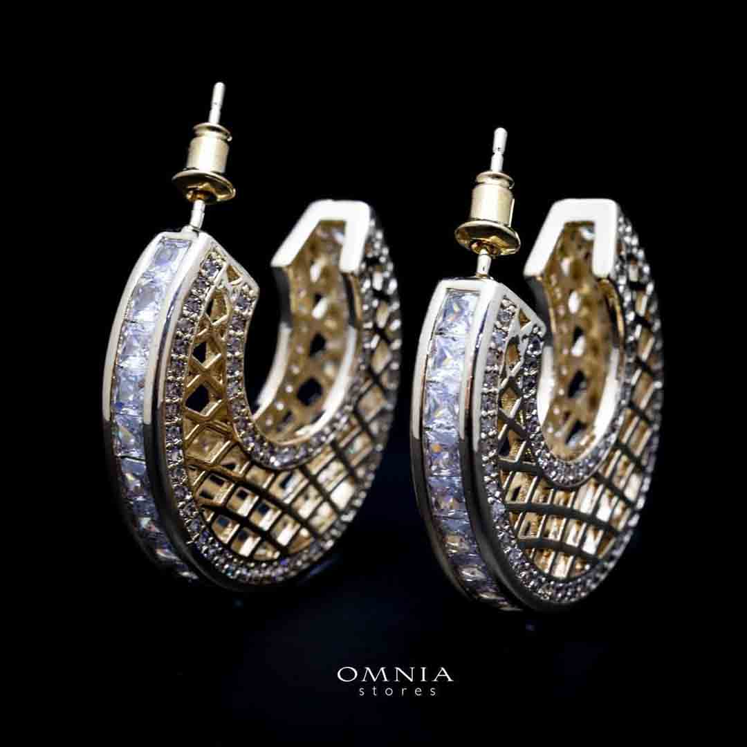 Omnia Joud Golden Earrings in High Quality Zircon Stone Rhodium Plated image number null