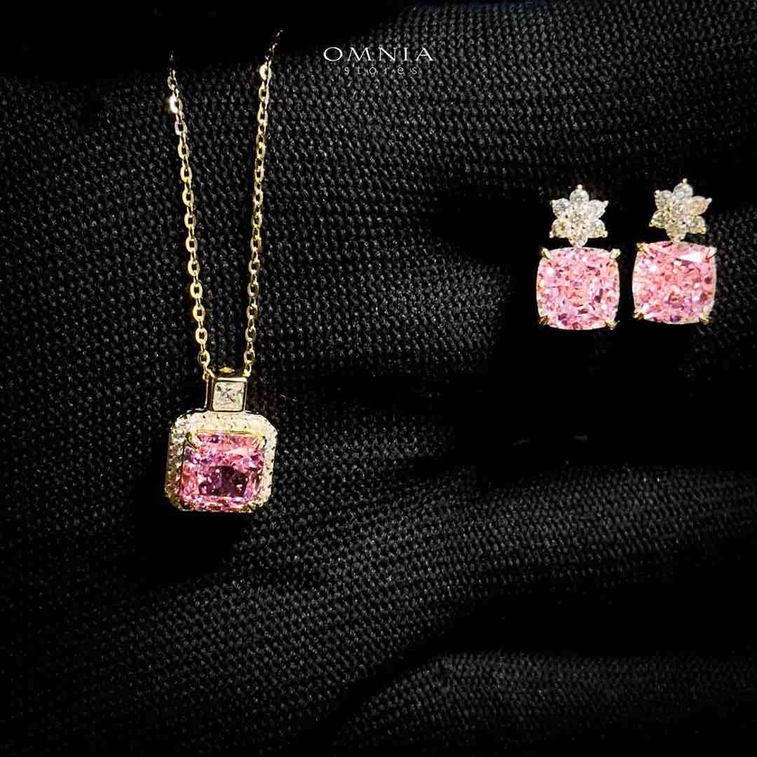 Omnia Shayla Golden Necklace and Earrings Set in 925 Silver with High-Quality Pink Ice Cut Stones image number null
